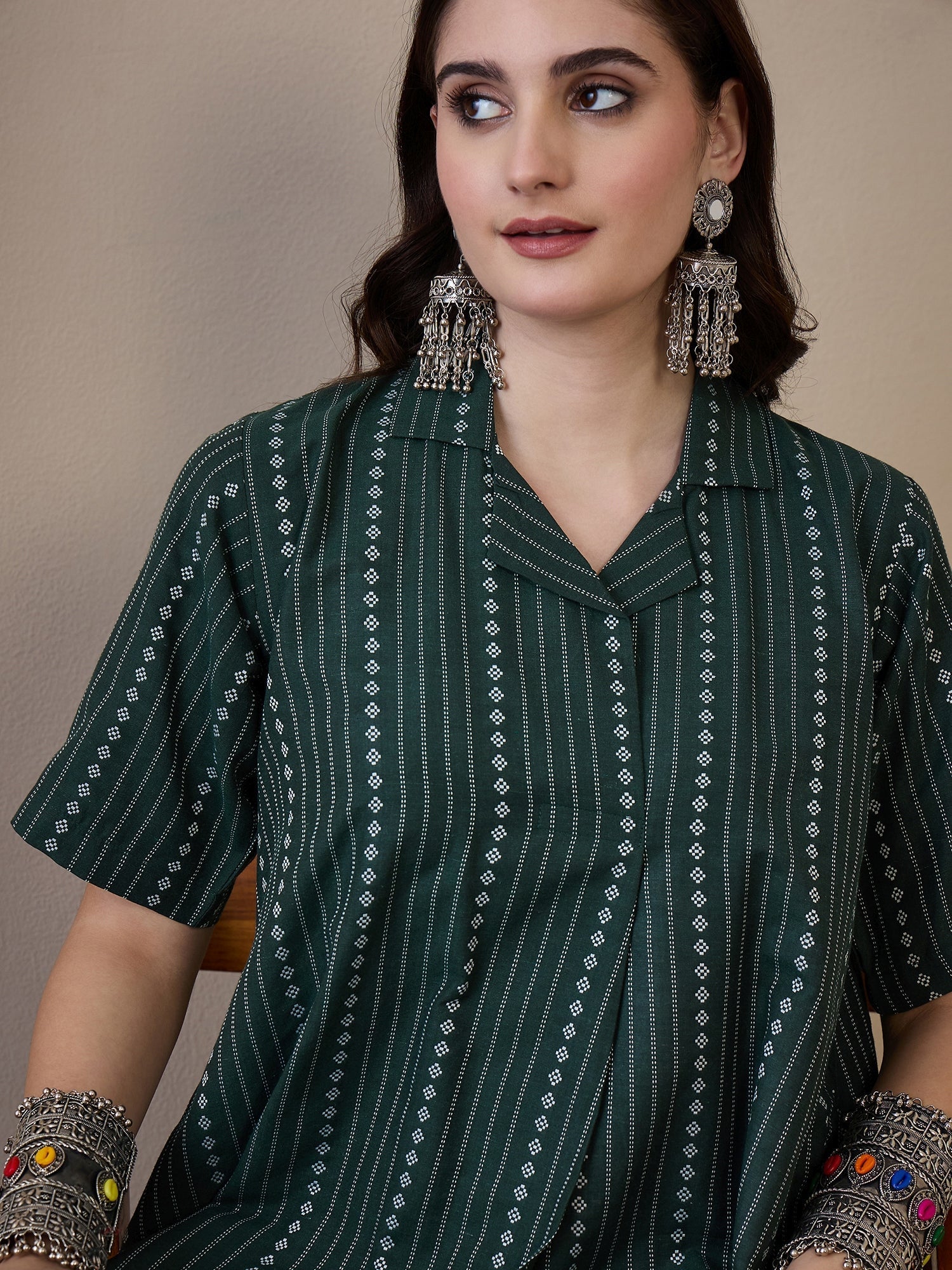 InWeave Green Stripe Kantha Collar Dress - Swadesiicart