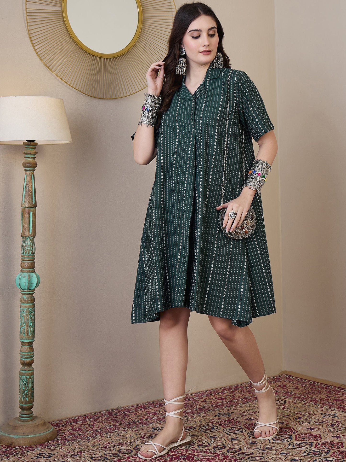 InWeave Green Stripe Kantha Collar Dress - Swadesiicart