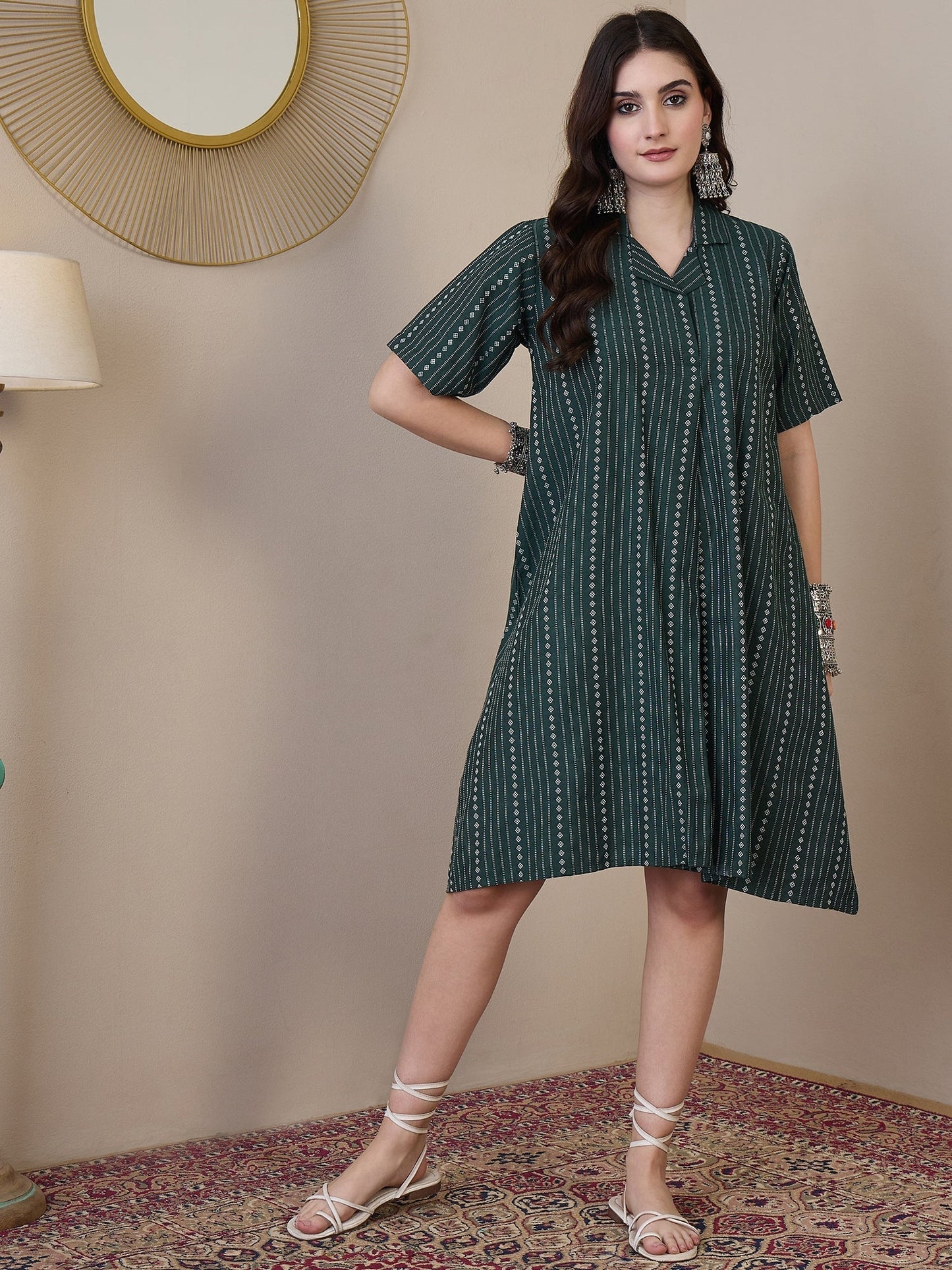 InWeave Green Stripe Kantha Collar Dress - Swadesiicart
