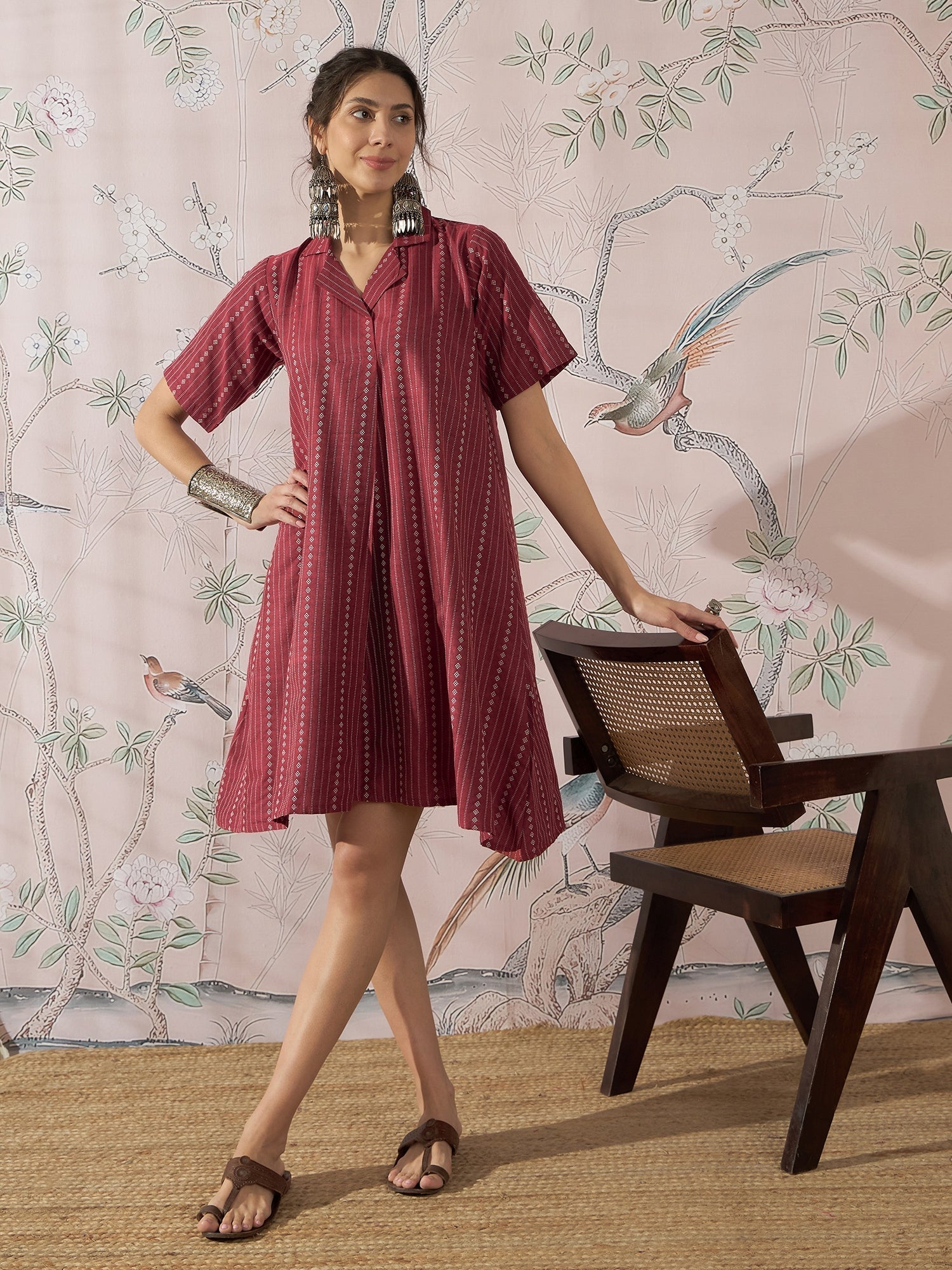 InWeave Maroon Stripe Kantha Collar Dress - Swadesiicart