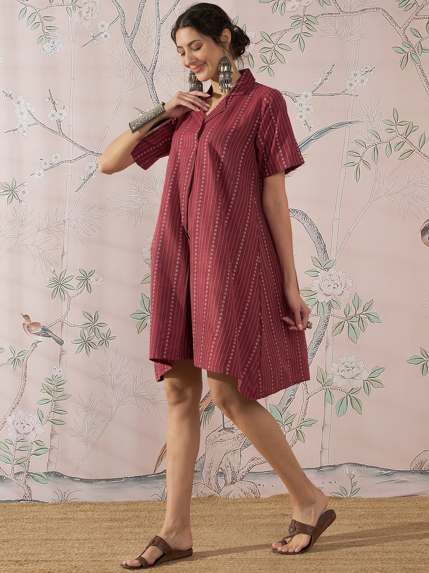 InWeave Maroon Stripe Kantha Collar Dress - Swadesiicart