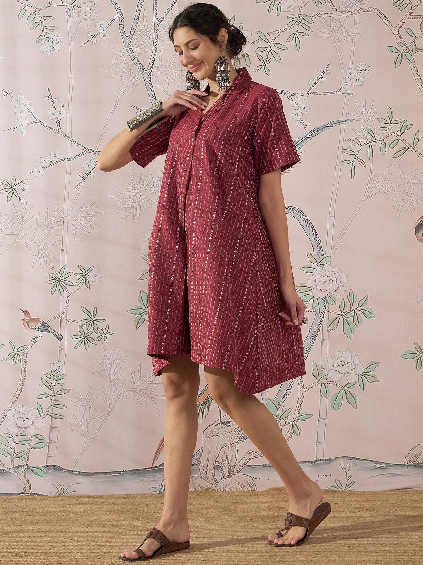 InWeave Maroon Stripe Kantha Collar Dress - Swadesiicart