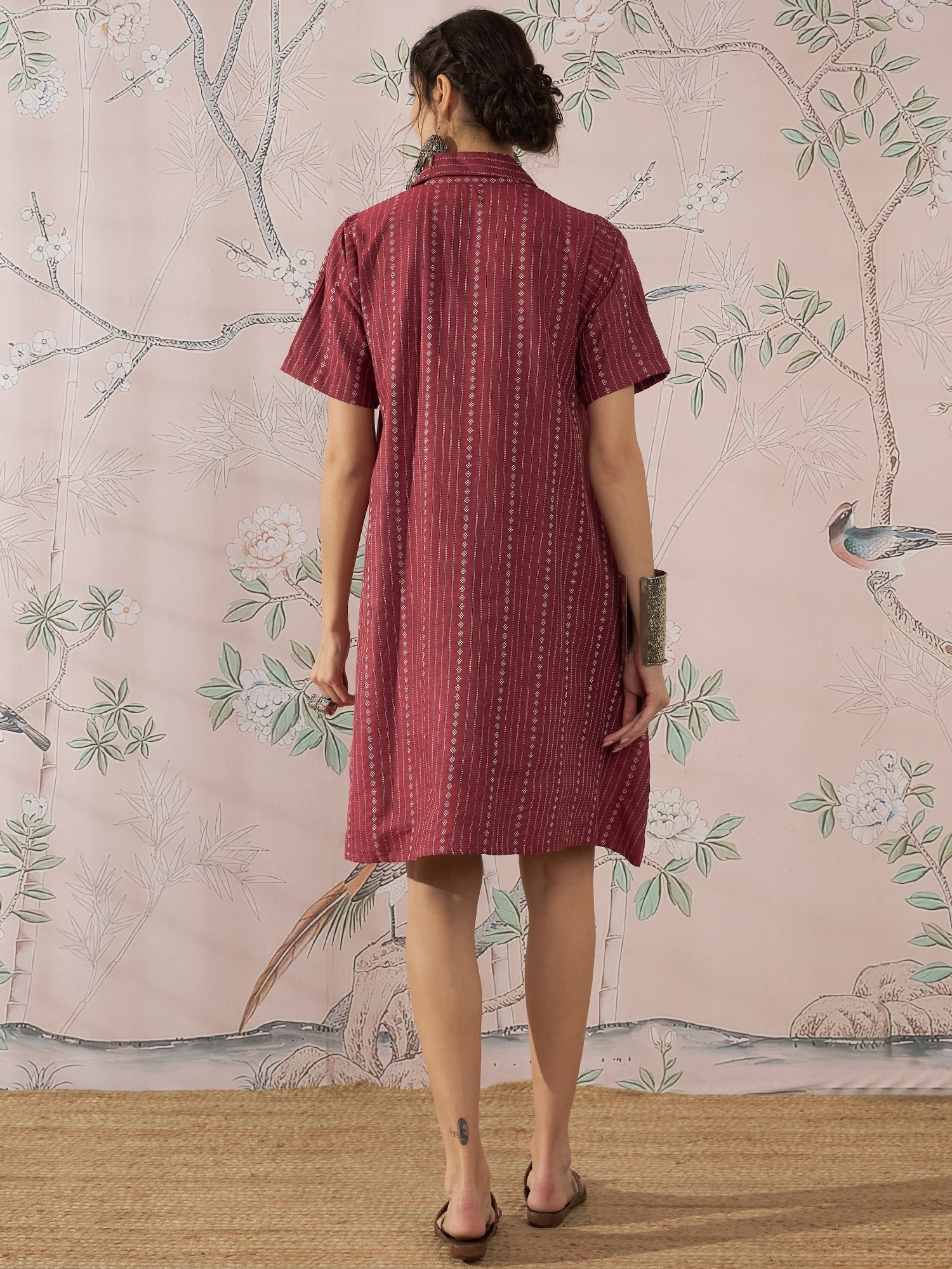 InWeave Maroon Stripe Kantha Collar Dress - Swadesiicart