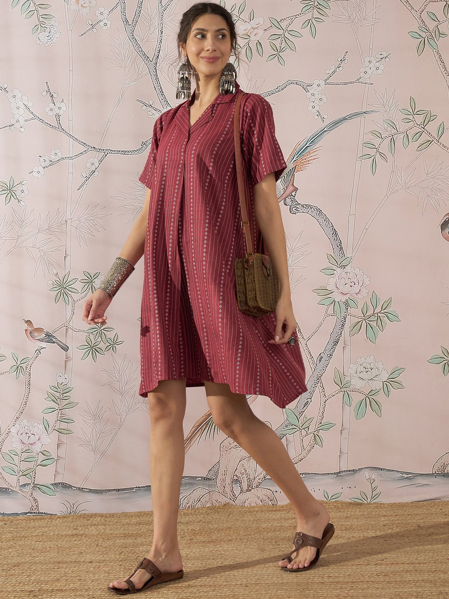 InWeave Maroon Stripe Kantha Collar Dress - Swadesiicart