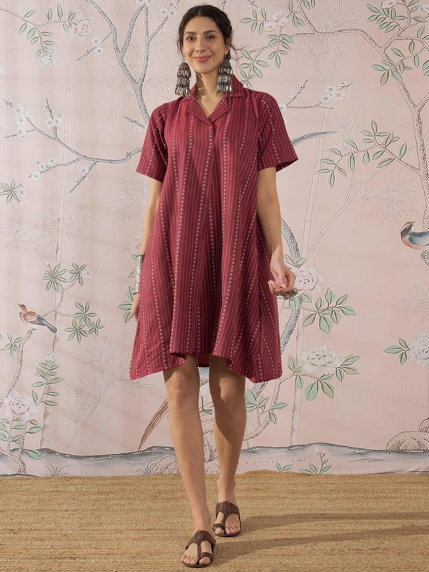 InWeave Maroon Stripe Kantha Collar Dress - Swadesiicart