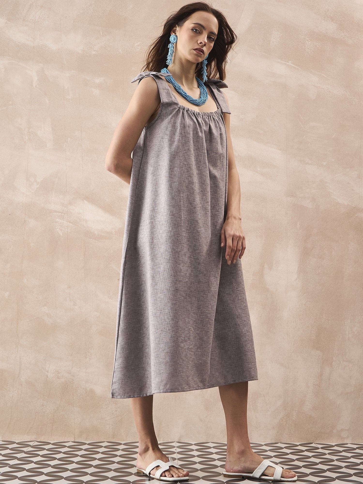 InWeave Dull Grey Linen Pleat Bow Dress - Swadesiicart