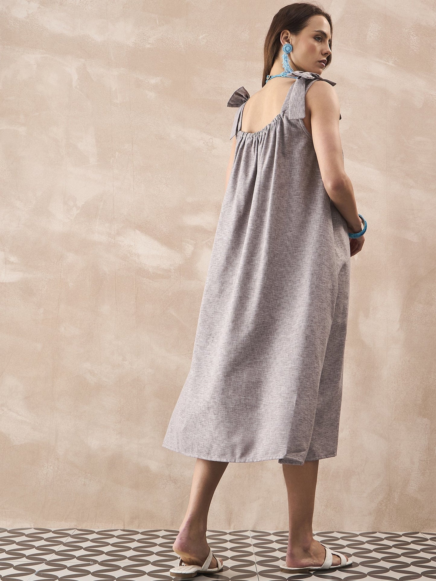 InWeave Dull Grey Linen Pleat Bow Dress - Swadesiicart