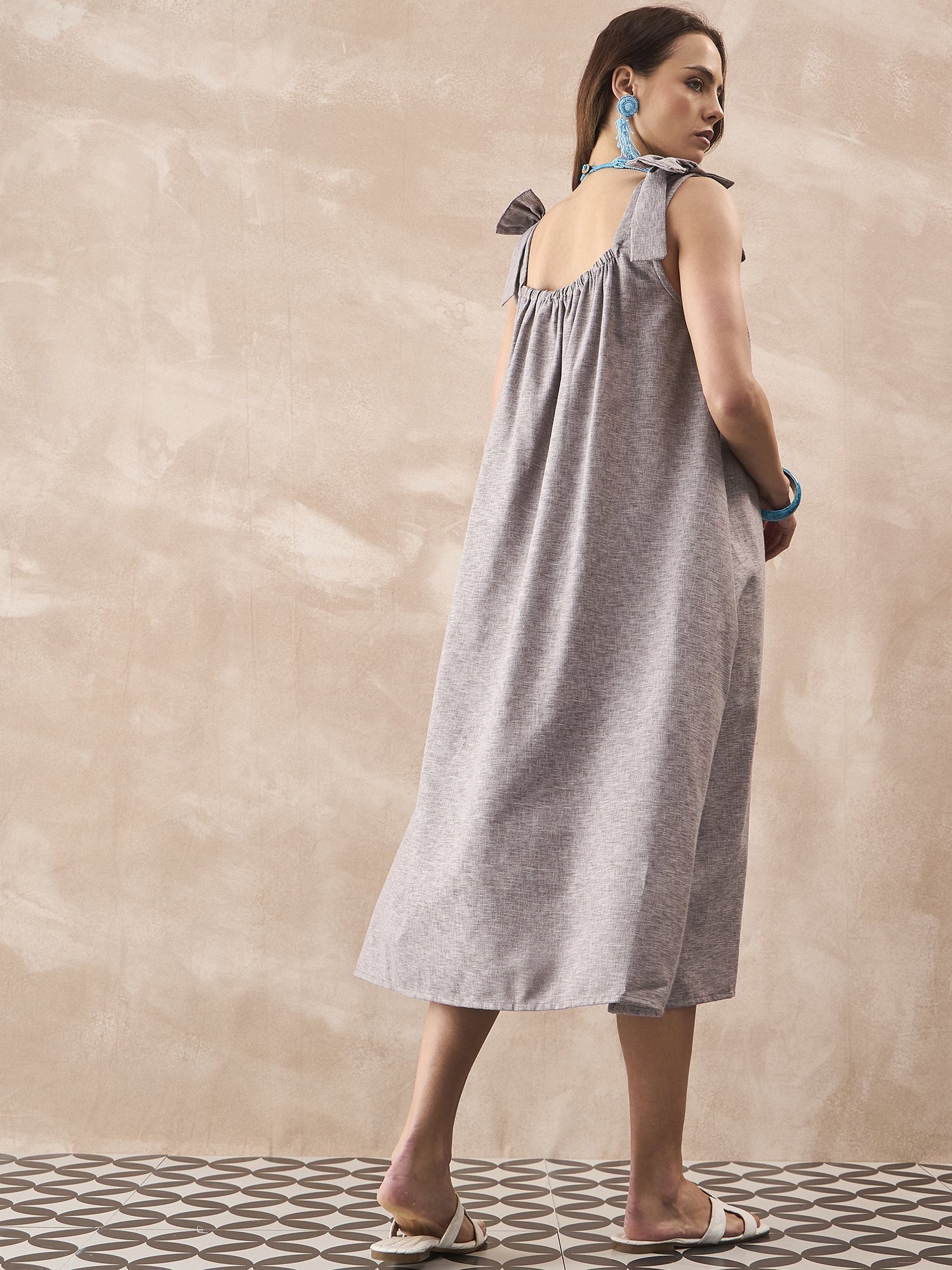 InWeave Dull Grey Linen Pleat Bow Dress - Swadesiicart