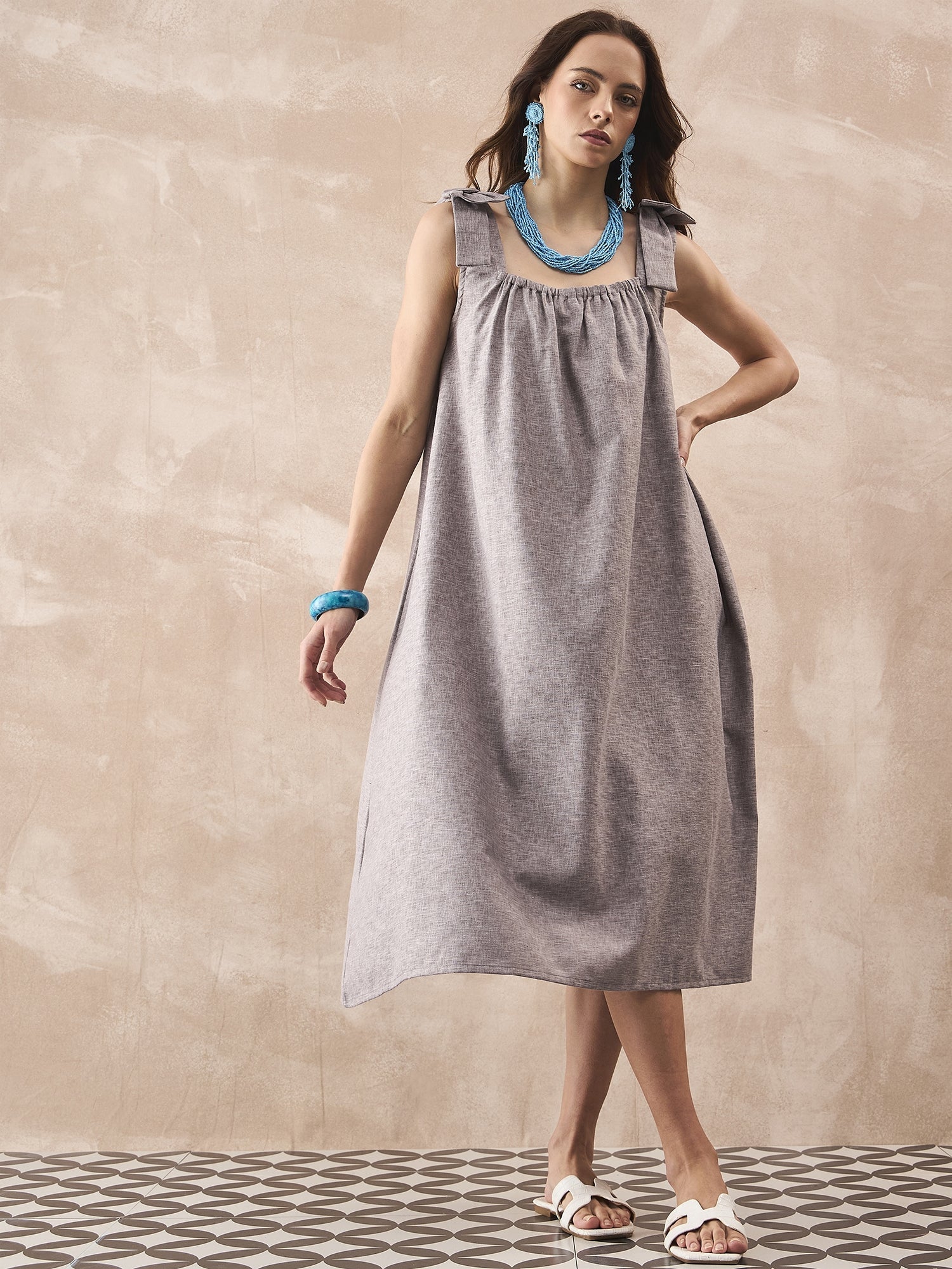 InWeave Dull Grey Linen Pleat Bow Dress - Swadesiicart