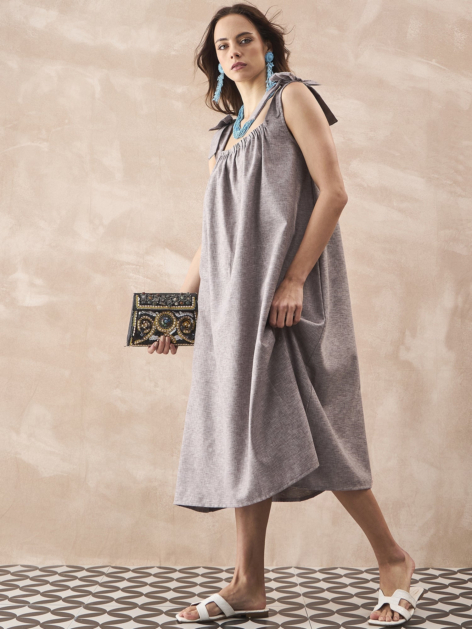 InWeave Dull Grey Linen Pleat Bow Dress - Swadesiicart