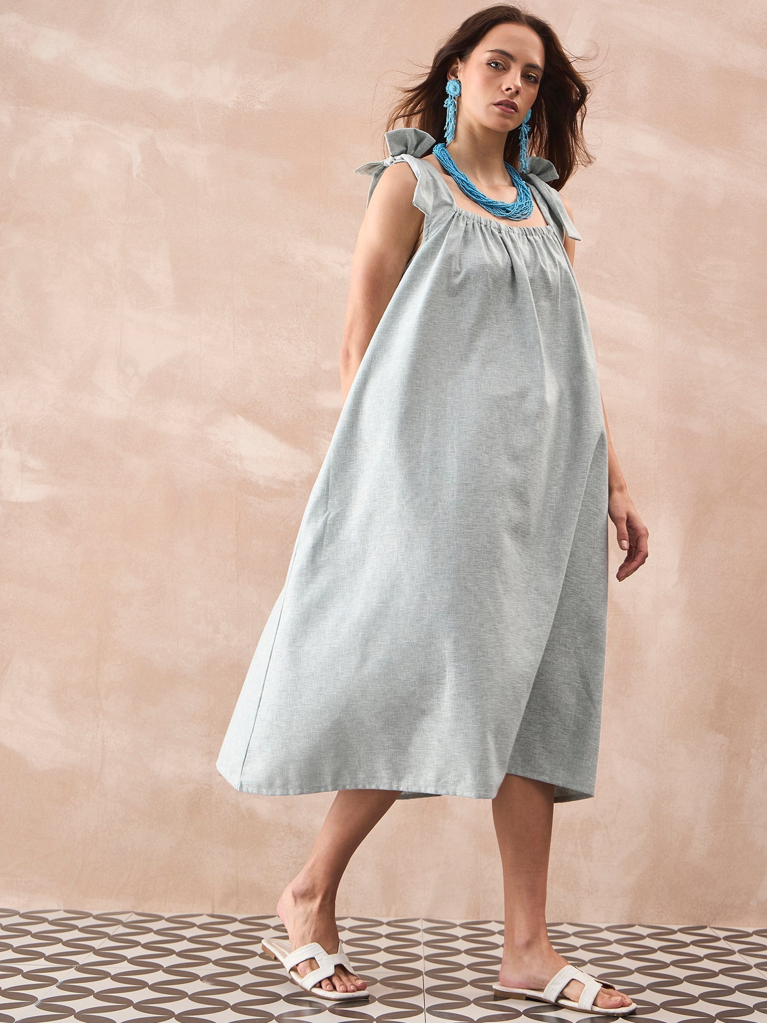 InWeave Pistachio Linen Pleat Bow Dress - Swadesiicart