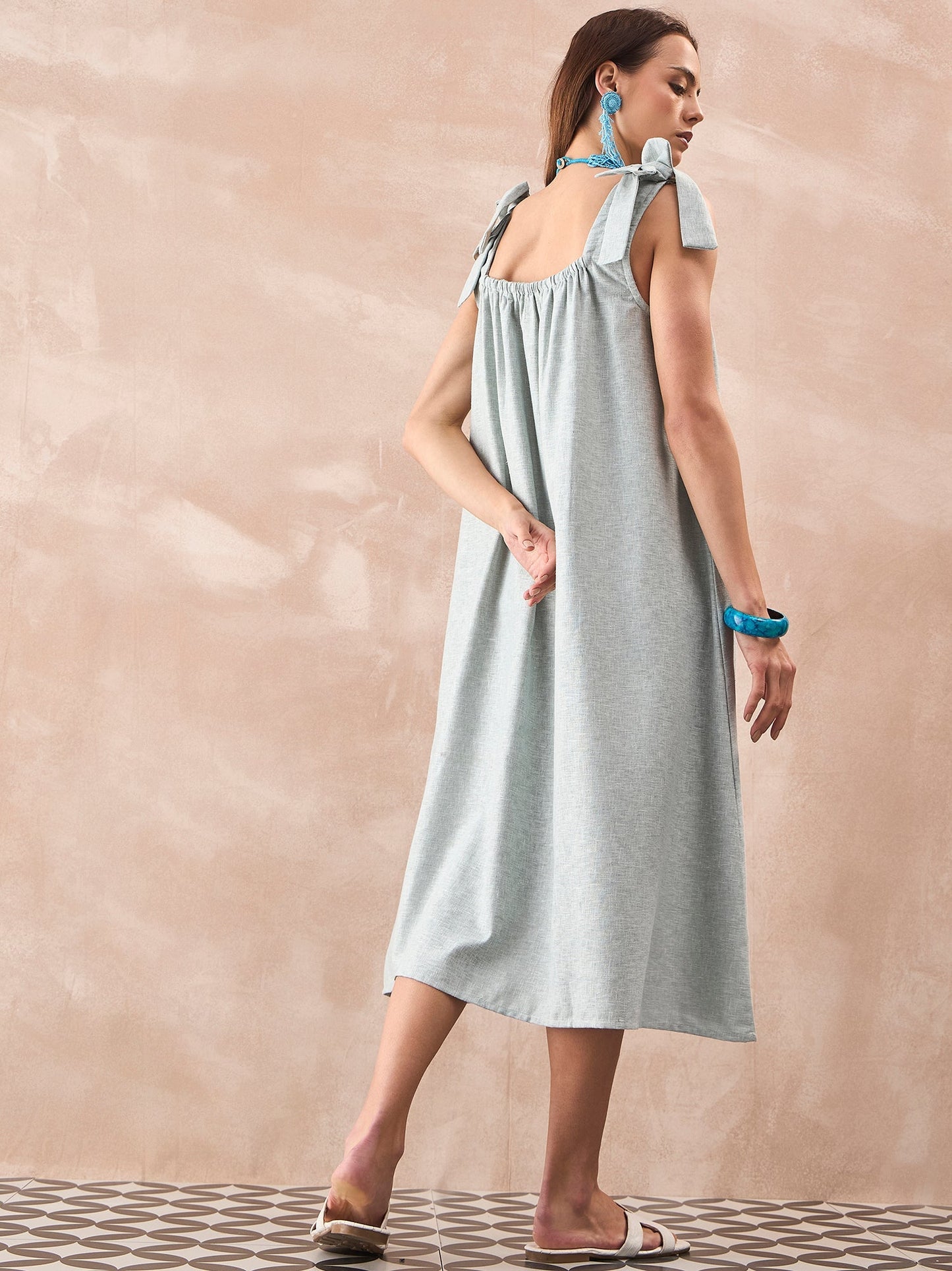 InWeave Pistachio Linen Pleat Bow Dress - Swadesiicart