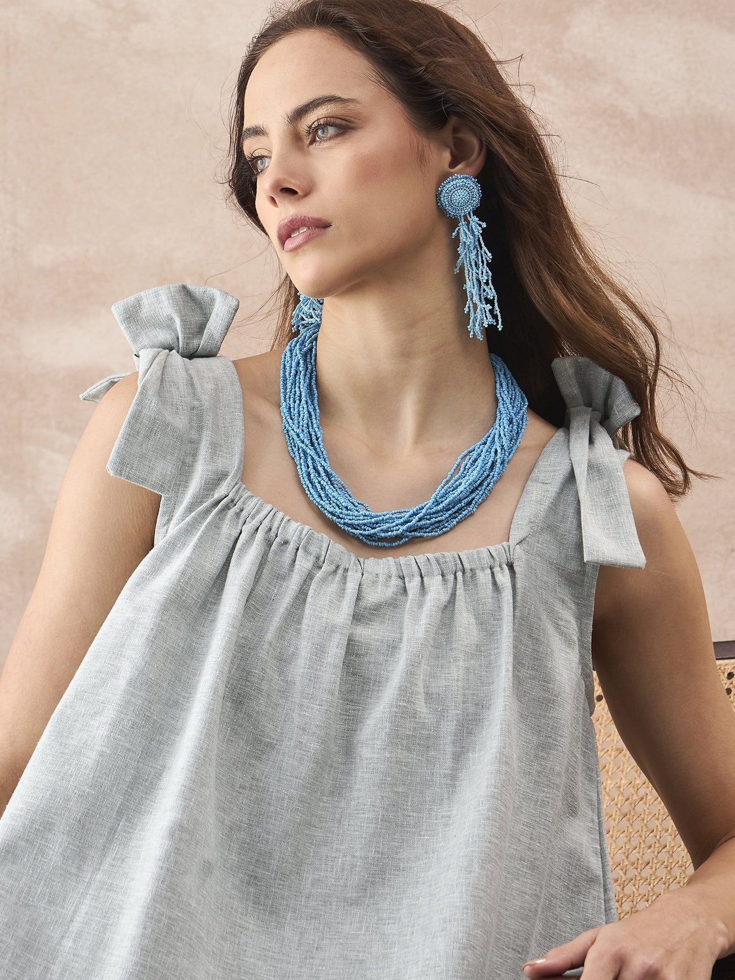 InWeave Pistachio Linen Pleat Bow Dress - Swadesiicart