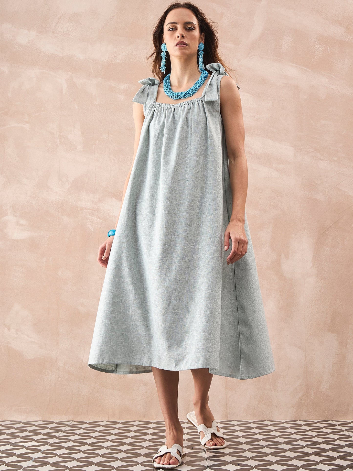 InWeave Pistachio Linen Pleat Bow Dress - Swadesiicart