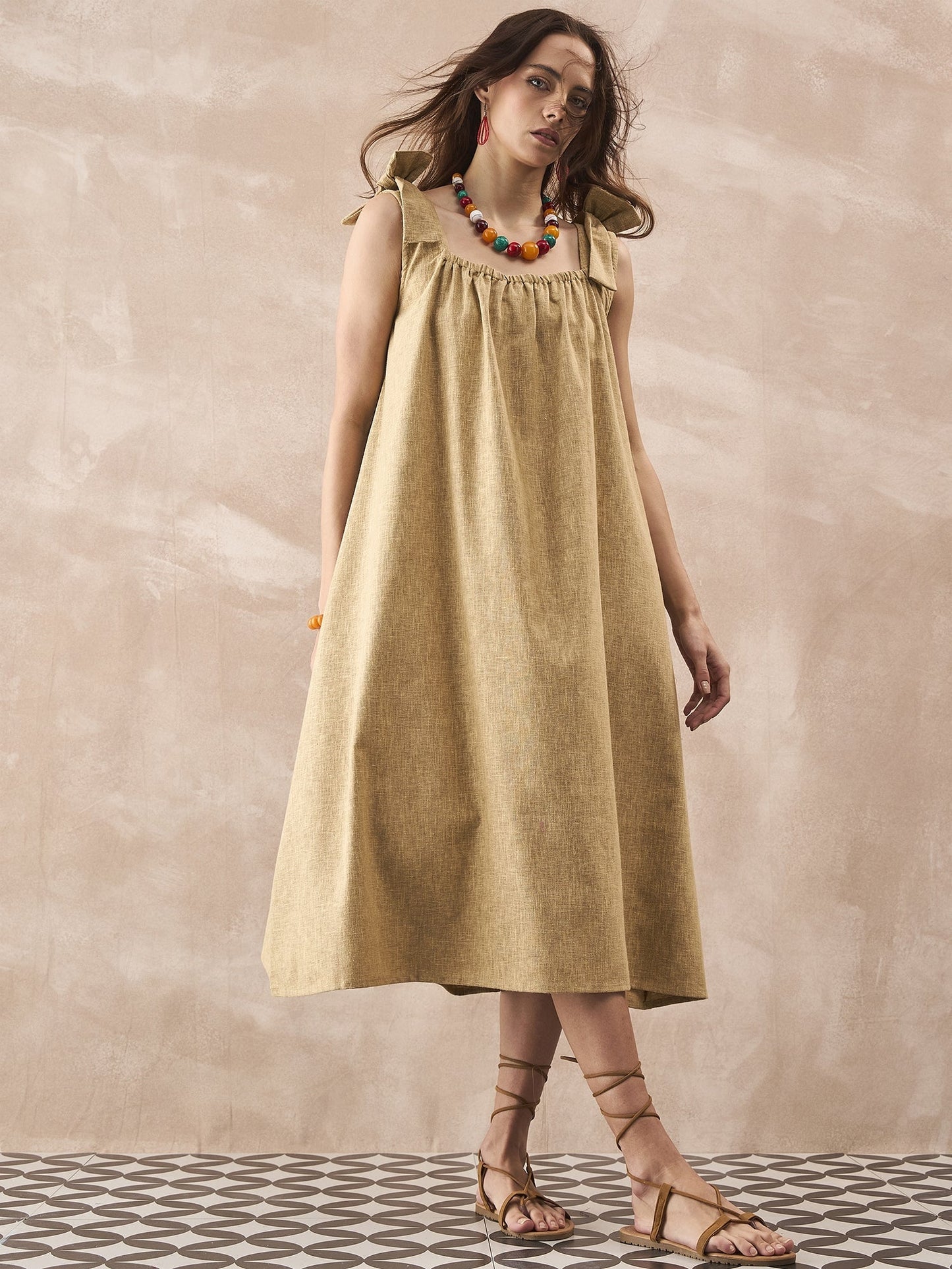 InWeave Dull Khaki Linen Pleat Bow Dress - Swadesiicart