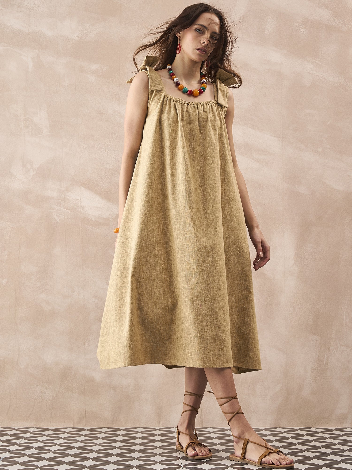 InWeave Dull Khaki Linen Pleat Bow Dress - Swadesiicart