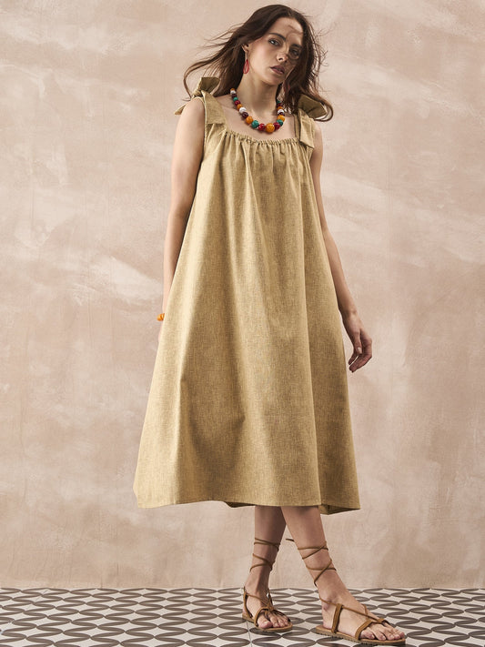 InWeave Dull Khaki Linen Pleat Bow Dress - Swadesiicart