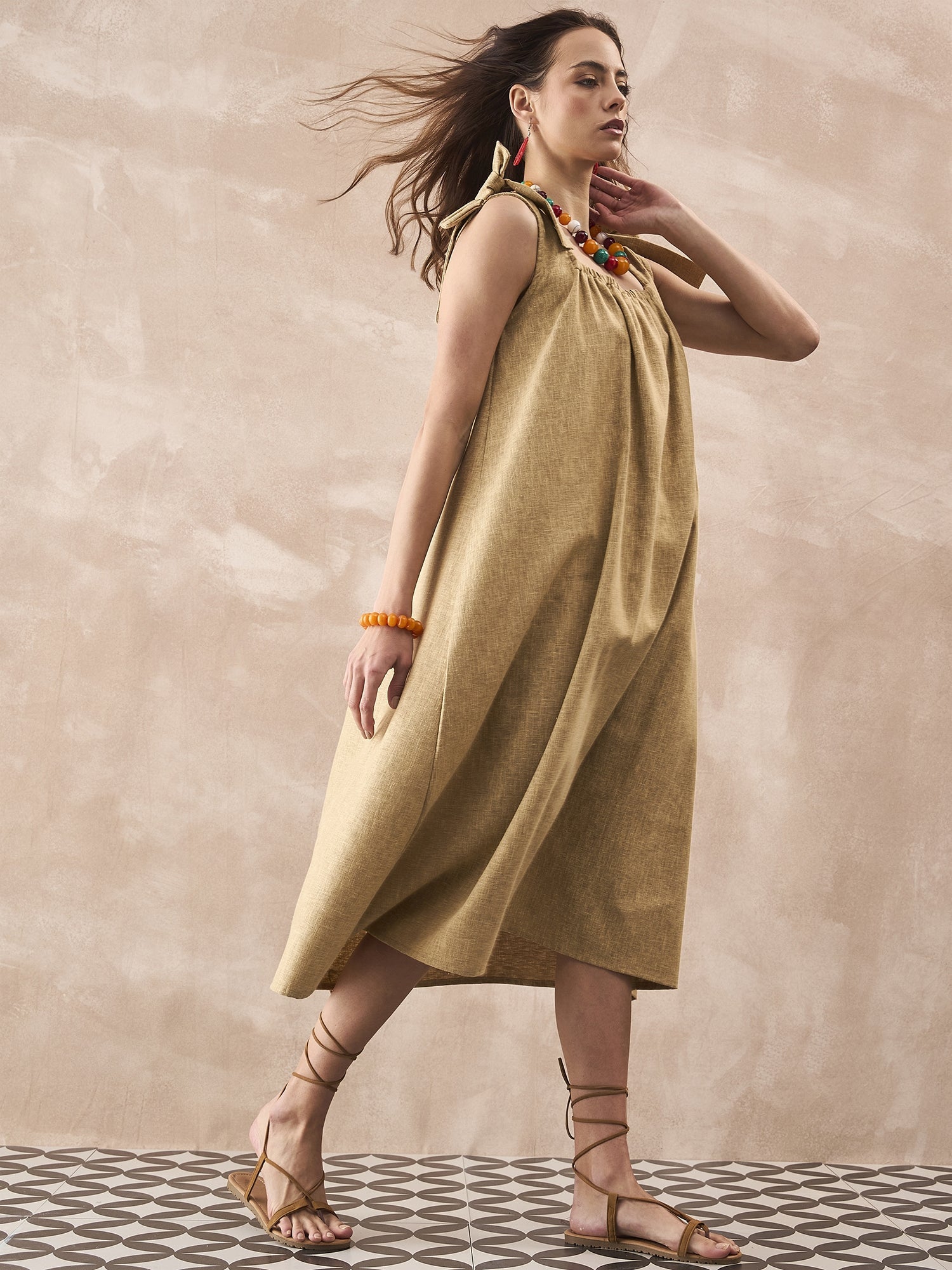 InWeave Dull Khaki Linen Pleat Bow Dress - Swadesiicart