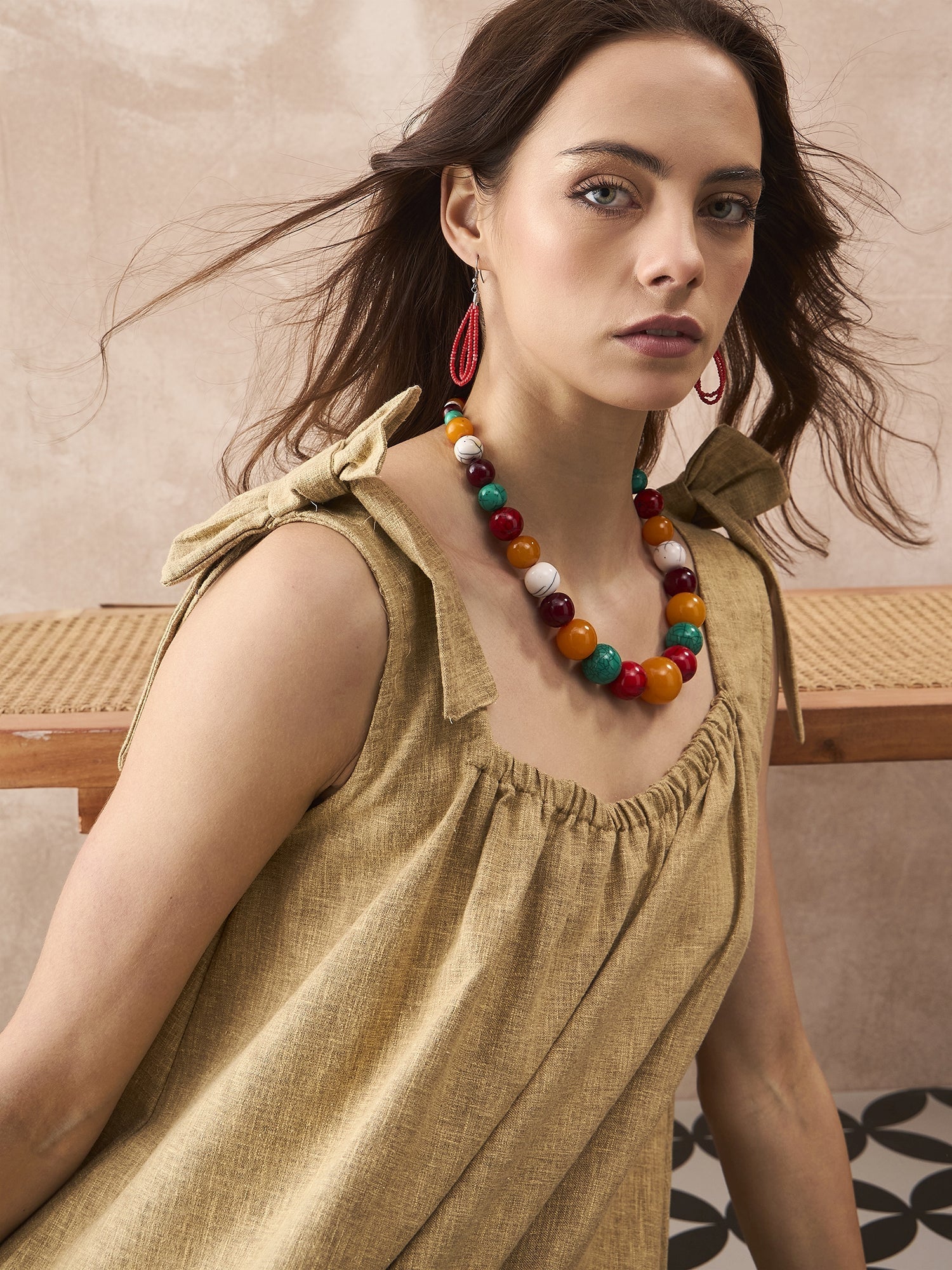 InWeave Dull Khaki Linen Pleat Bow Dress - Swadesiicart