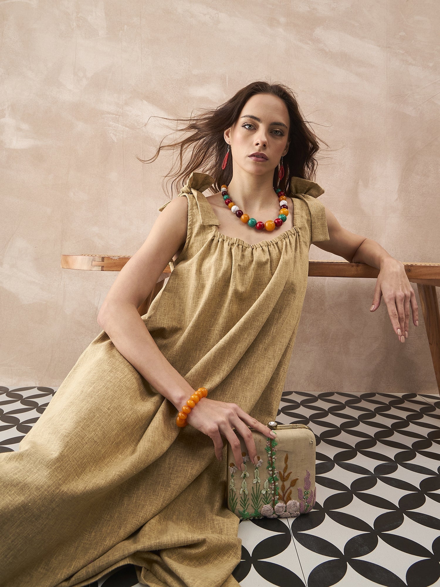 InWeave Dull Khaki Linen Pleat Bow Dress - Swadesiicart