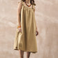 InWeave Dull Khaki Linen Pleat Bow Dress - Swadesiicart