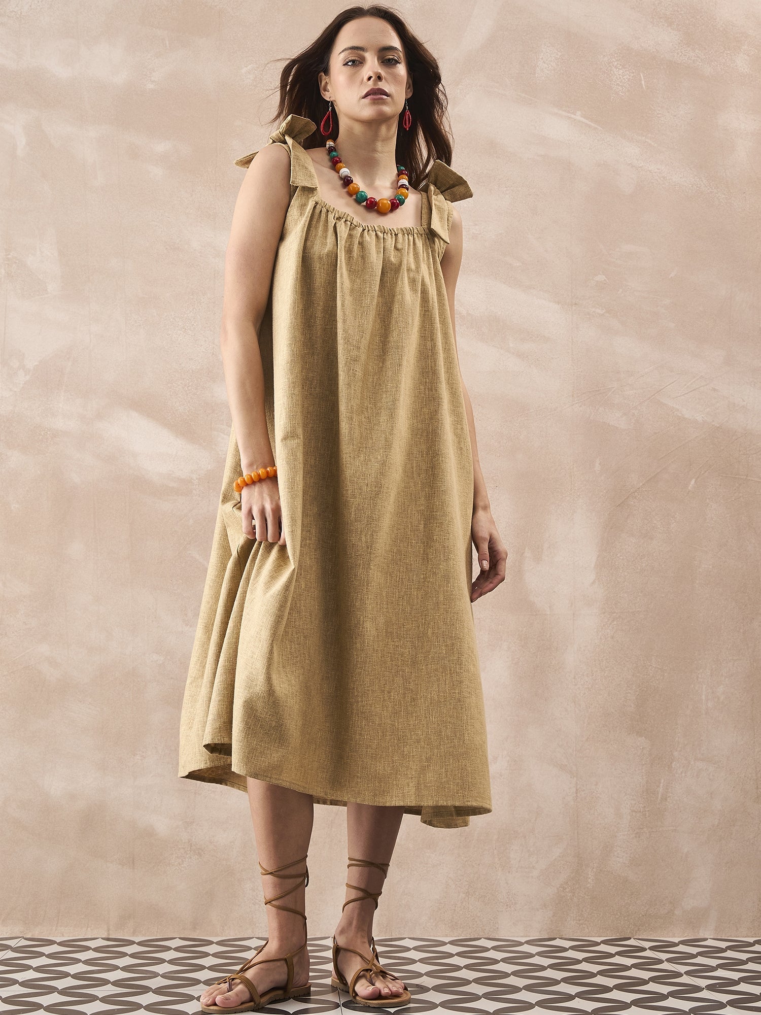 InWeave Dull Khaki Linen Pleat Bow Dress - Swadesiicart