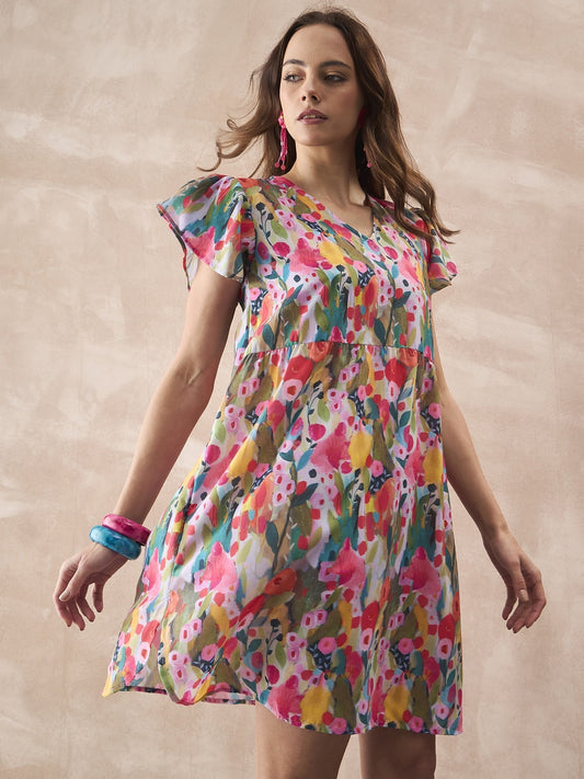 InWeave Multi Flower Short Dress - Swadesiicart
