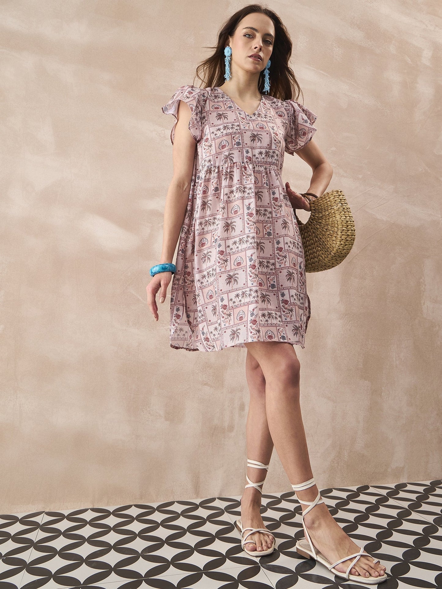 InWeave Ivory Tree Parrot Short Dress - Swadesiicart