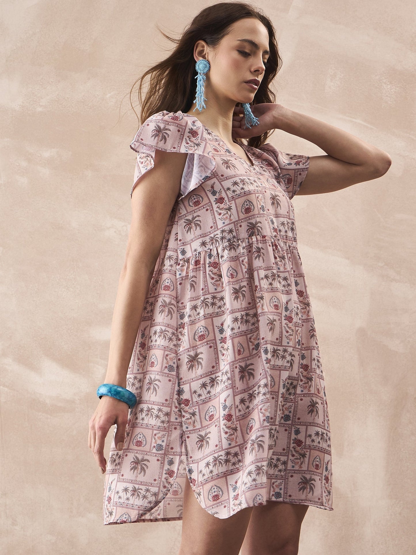 InWeave Ivory Tree Parrot Short Dress - Swadesiicart