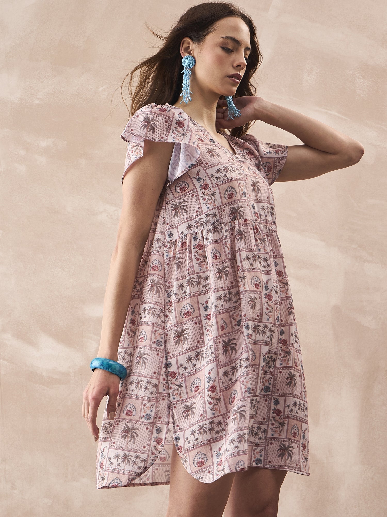 InWeave Ivory Tree Parrot Short Dress - Swadesiicart