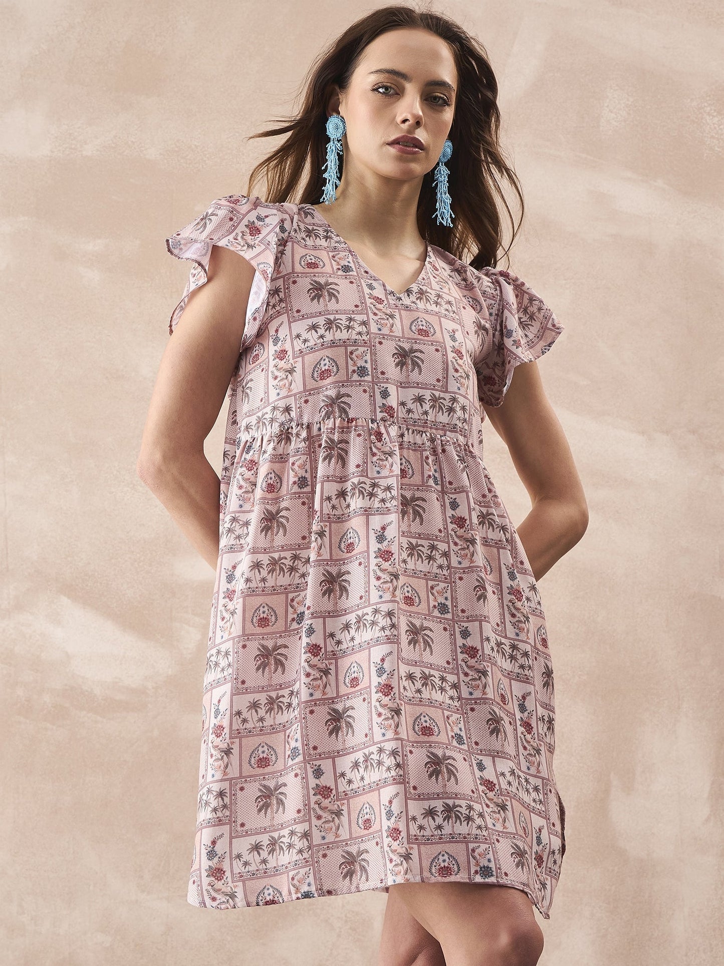 InWeave Ivory Tree Parrot Short Dress - Swadesiicart