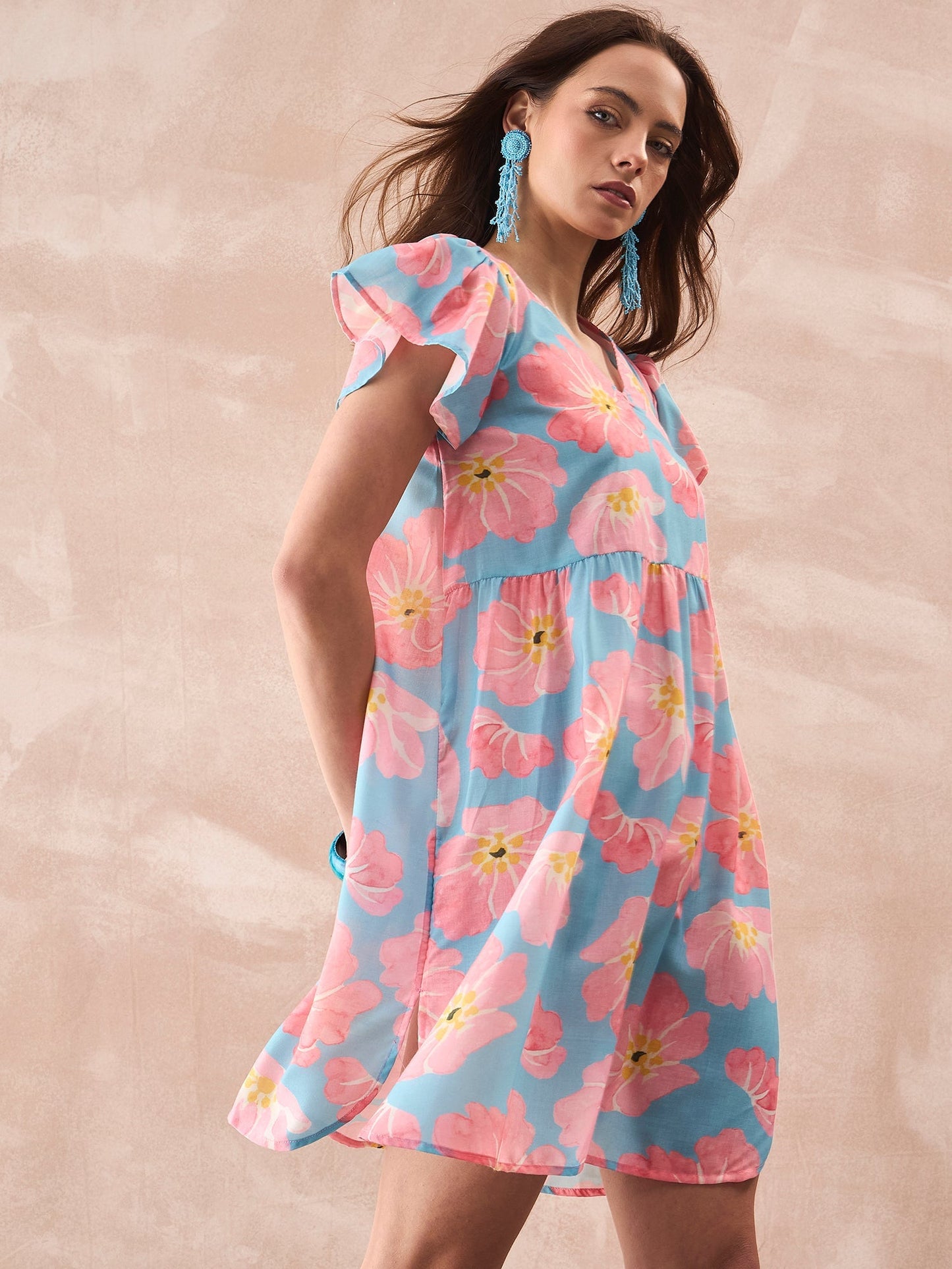 InWeave Skyblue Peach Short Dress - Swadesiicart