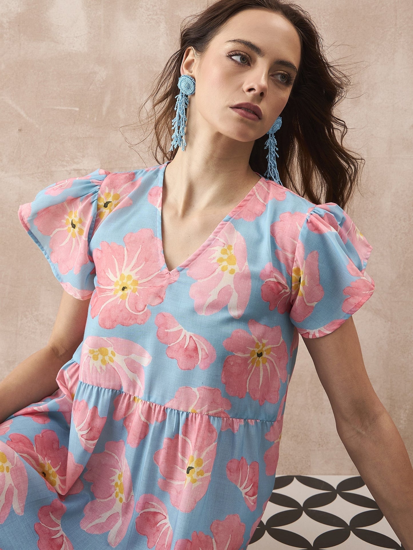 InWeave Skyblue Peach Short Dress - Swadesiicart