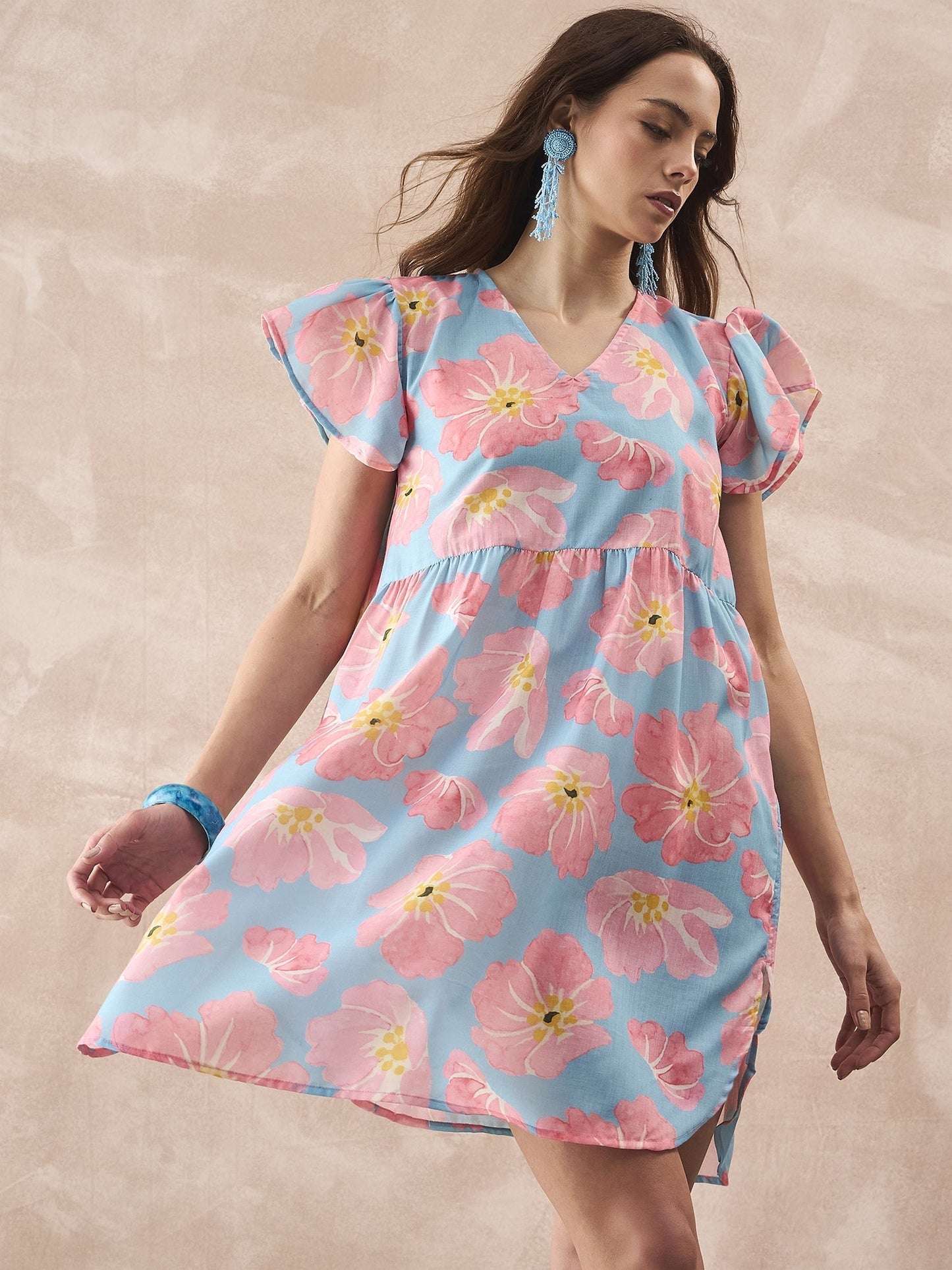 InWeave Skyblue Peach Short Dress - Swadesiicart