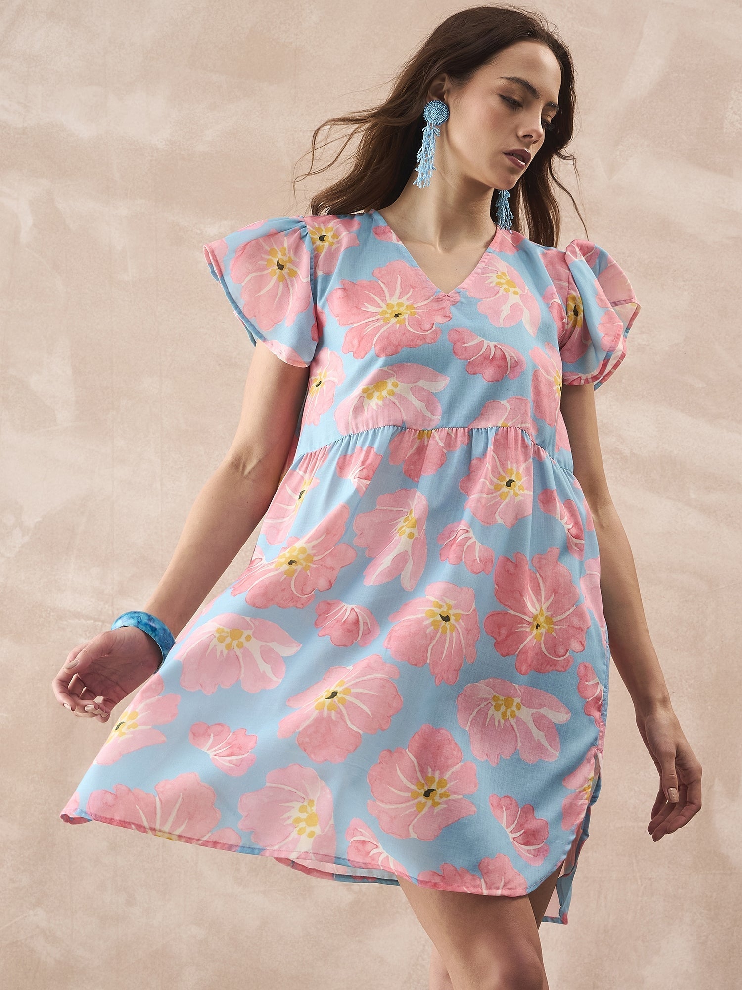 InWeave Skyblue Peach Short Dress - Swadesiicart