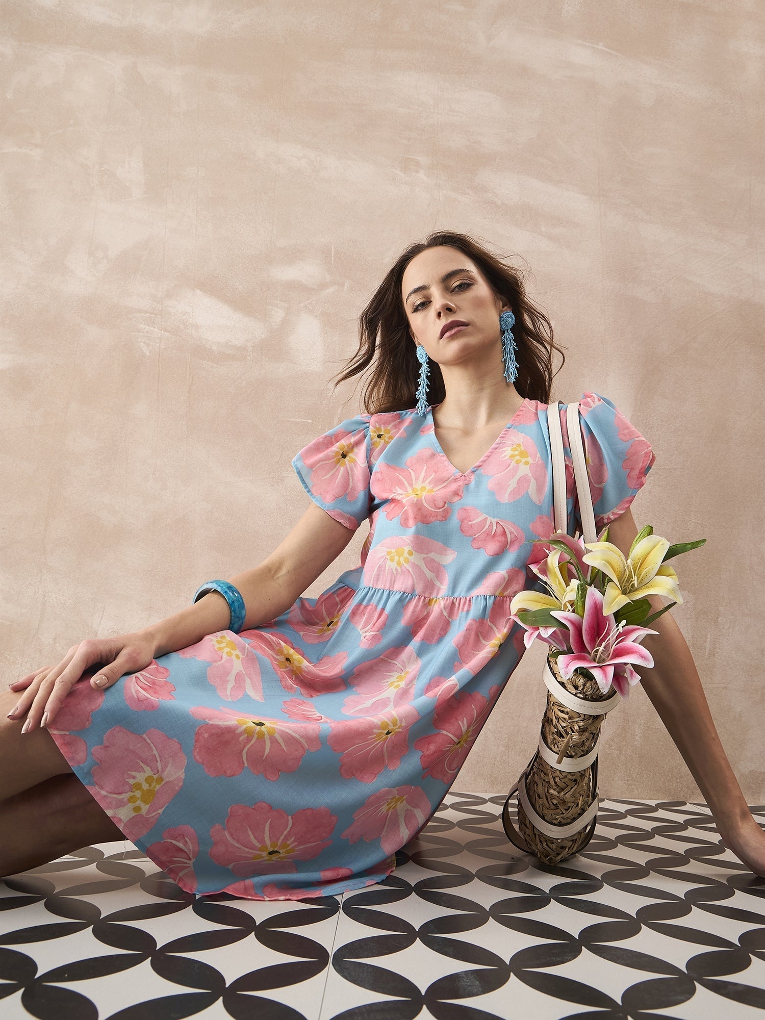 InWeave Skyblue Peach Short Dress - Swadesiicart