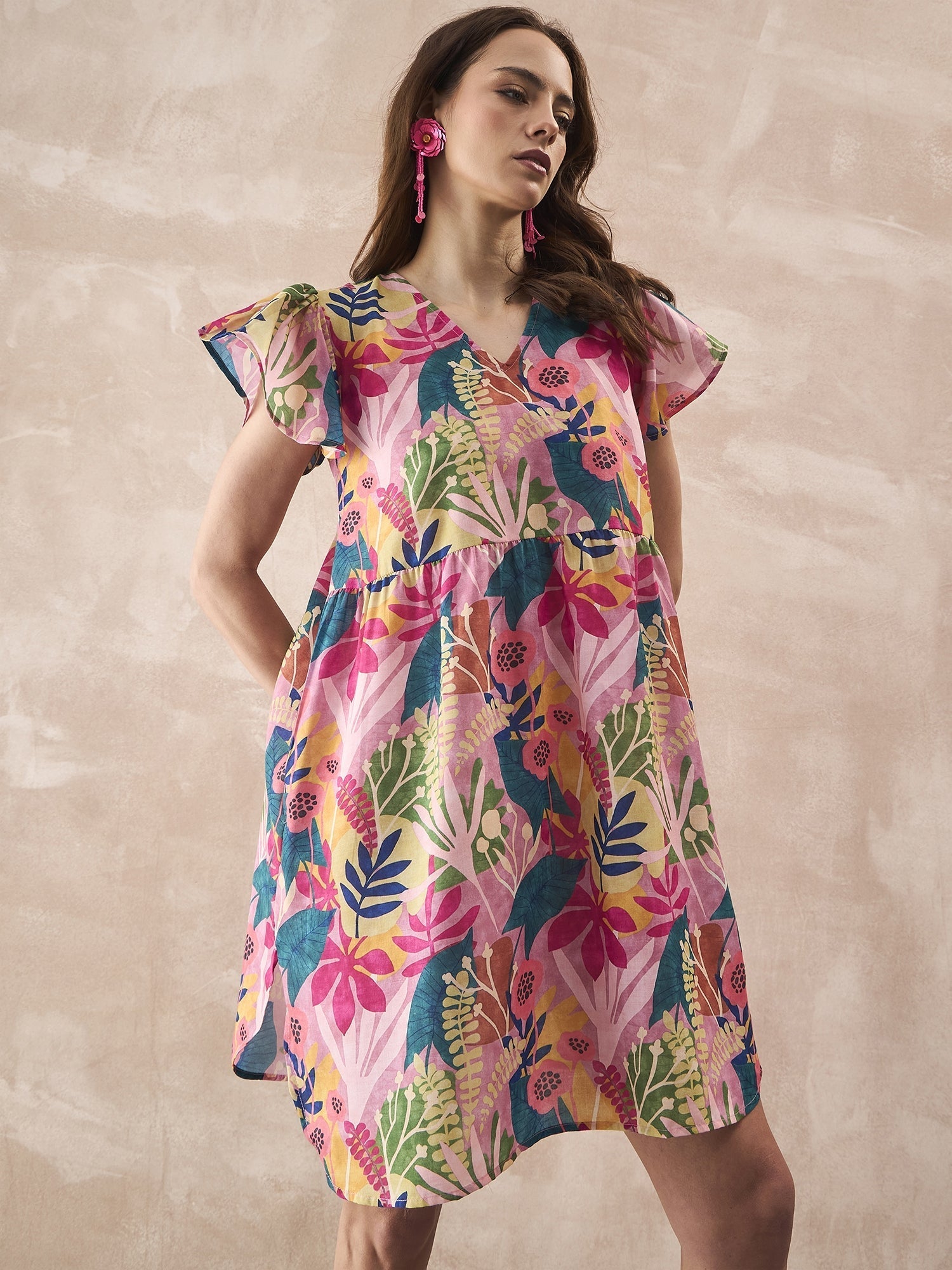 InWeave Leaf Multi Short Dress - Swadesiicart