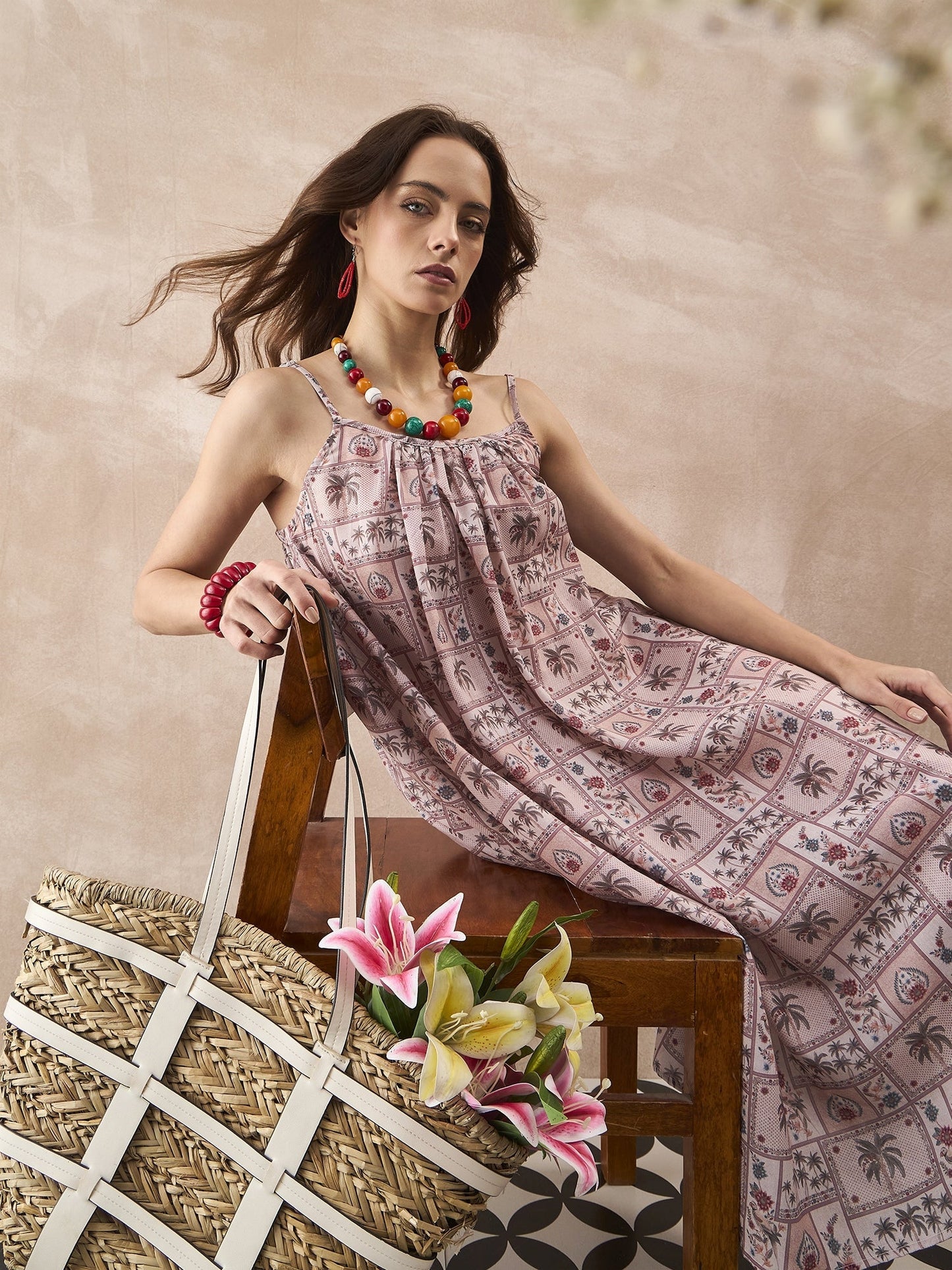 InWeave Ivory Tree Parrot Strappy Dress - Swadesiicart