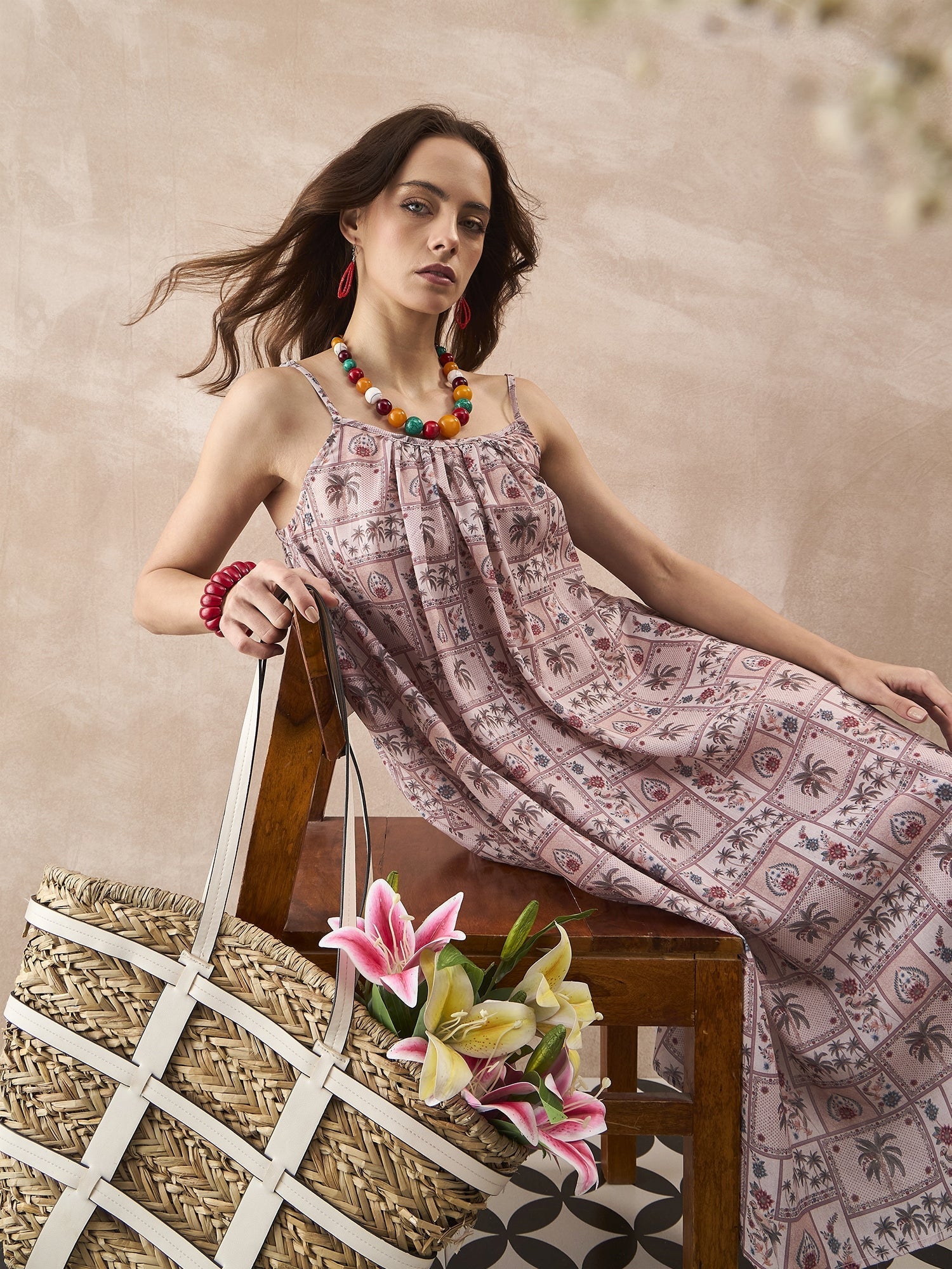 InWeave Ivory Tree Parrot Strappy Dress - Swadesiicart