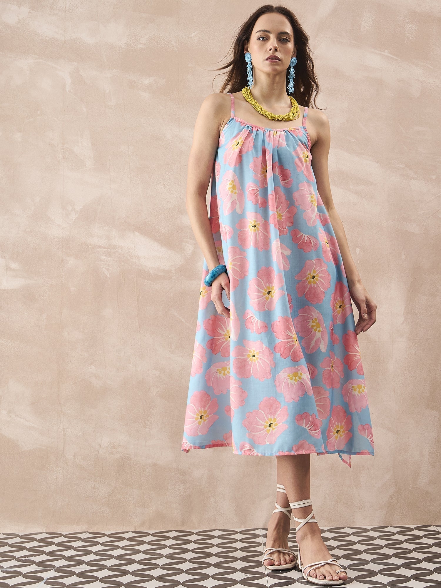 InWeave Skyblue Peach Strappy Dress - Swadesiicart