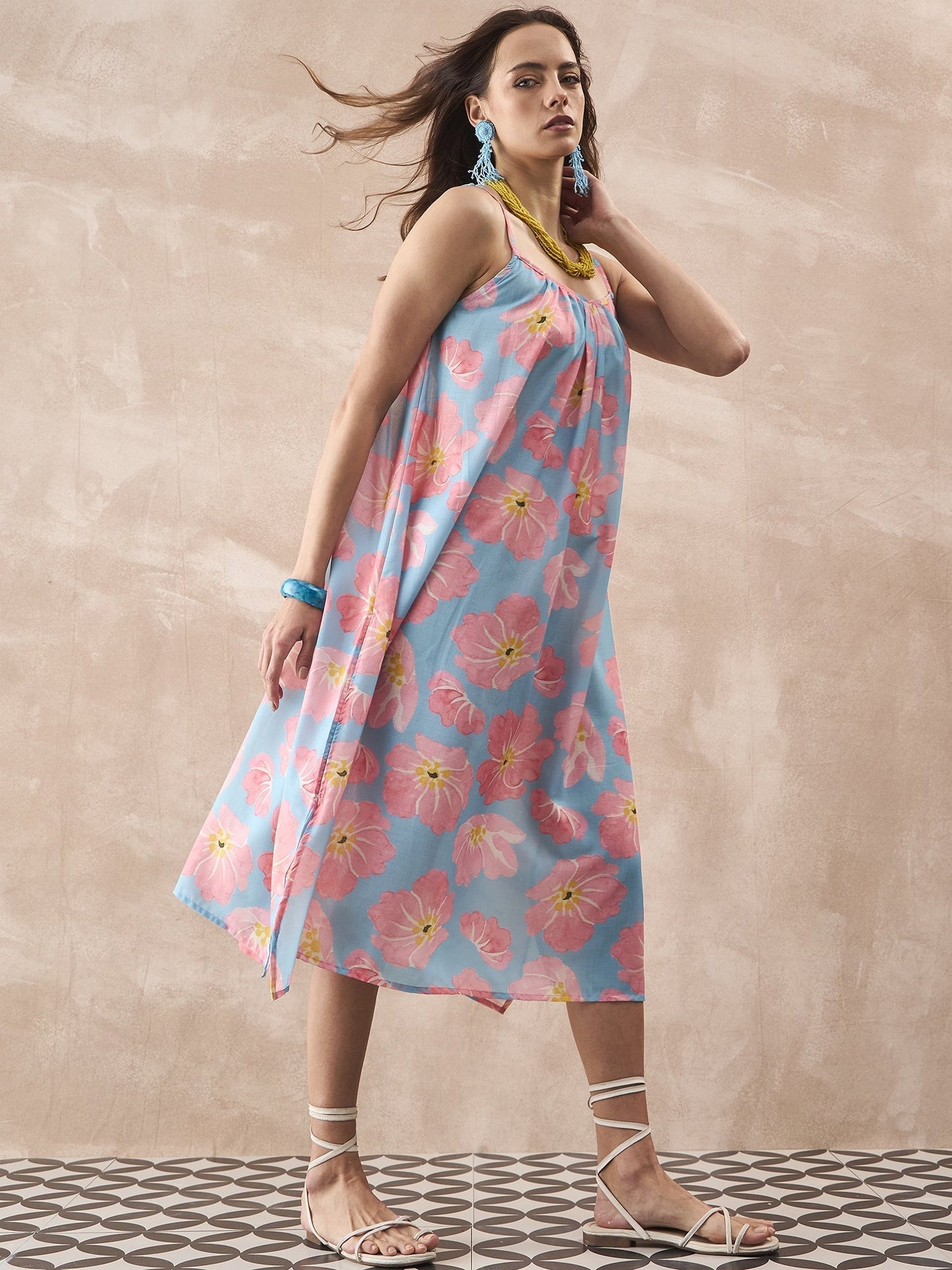 InWeave Skyblue Peach Strappy Dress - Swadesiicart