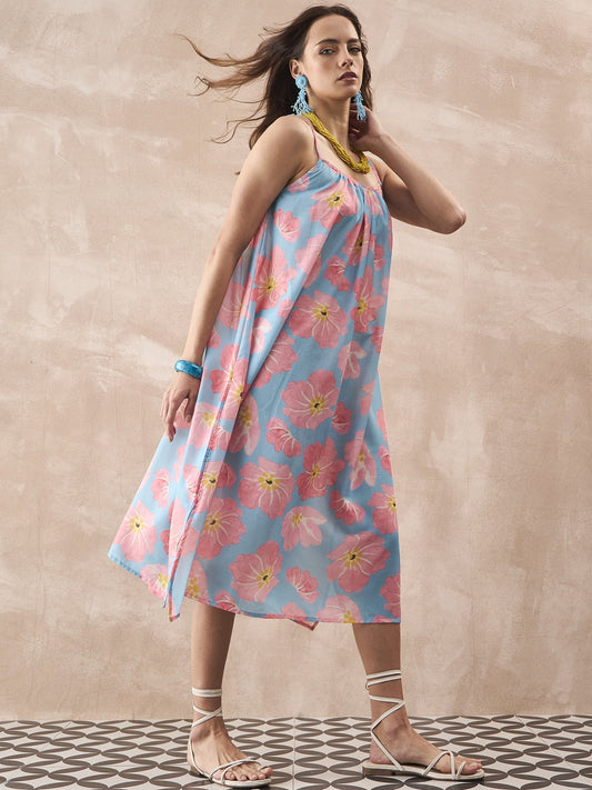 InWeave Skyblue Peach Strappy Dress - Swadesiicart