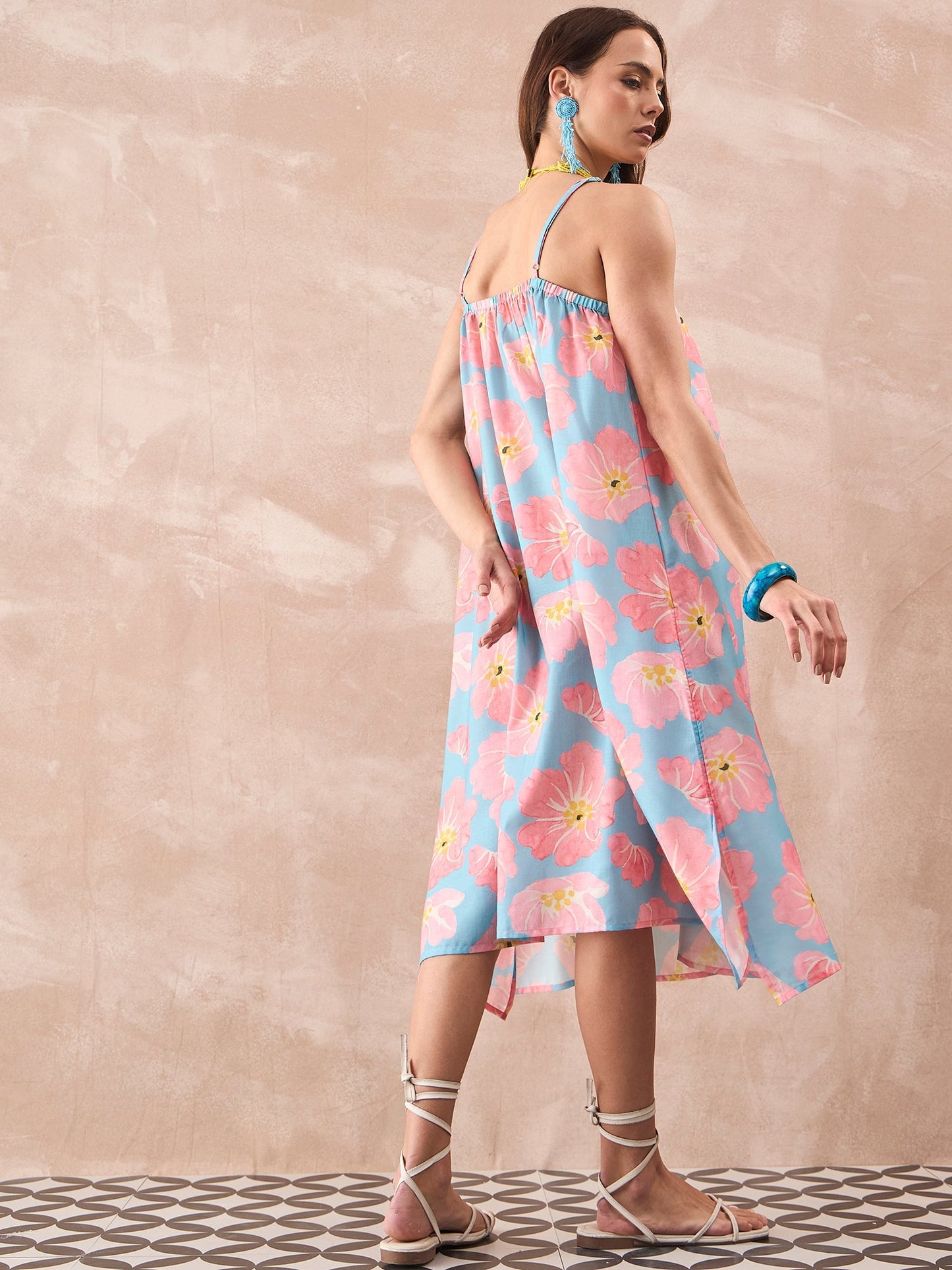 InWeave Skyblue Peach Strappy Dress - Swadesiicart