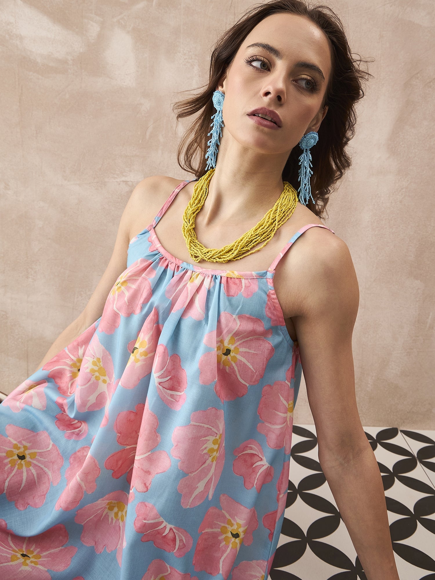 InWeave Skyblue Peach Strappy Dress - Swadesiicart