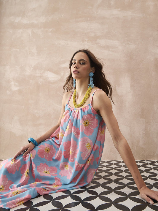 InWeave Skyblue Peach Strappy Dress - Swadesiicart