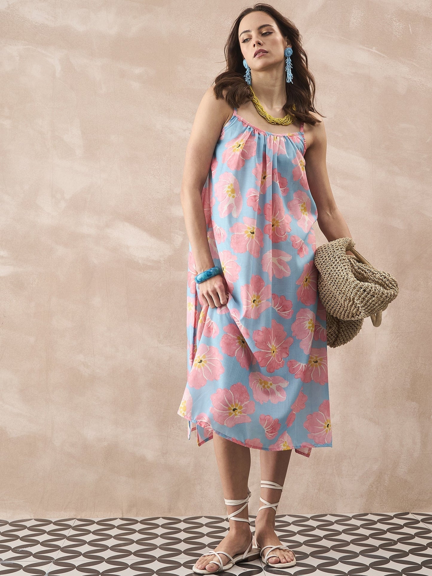 InWeave Skyblue Peach Strappy Dress - Swadesiicart