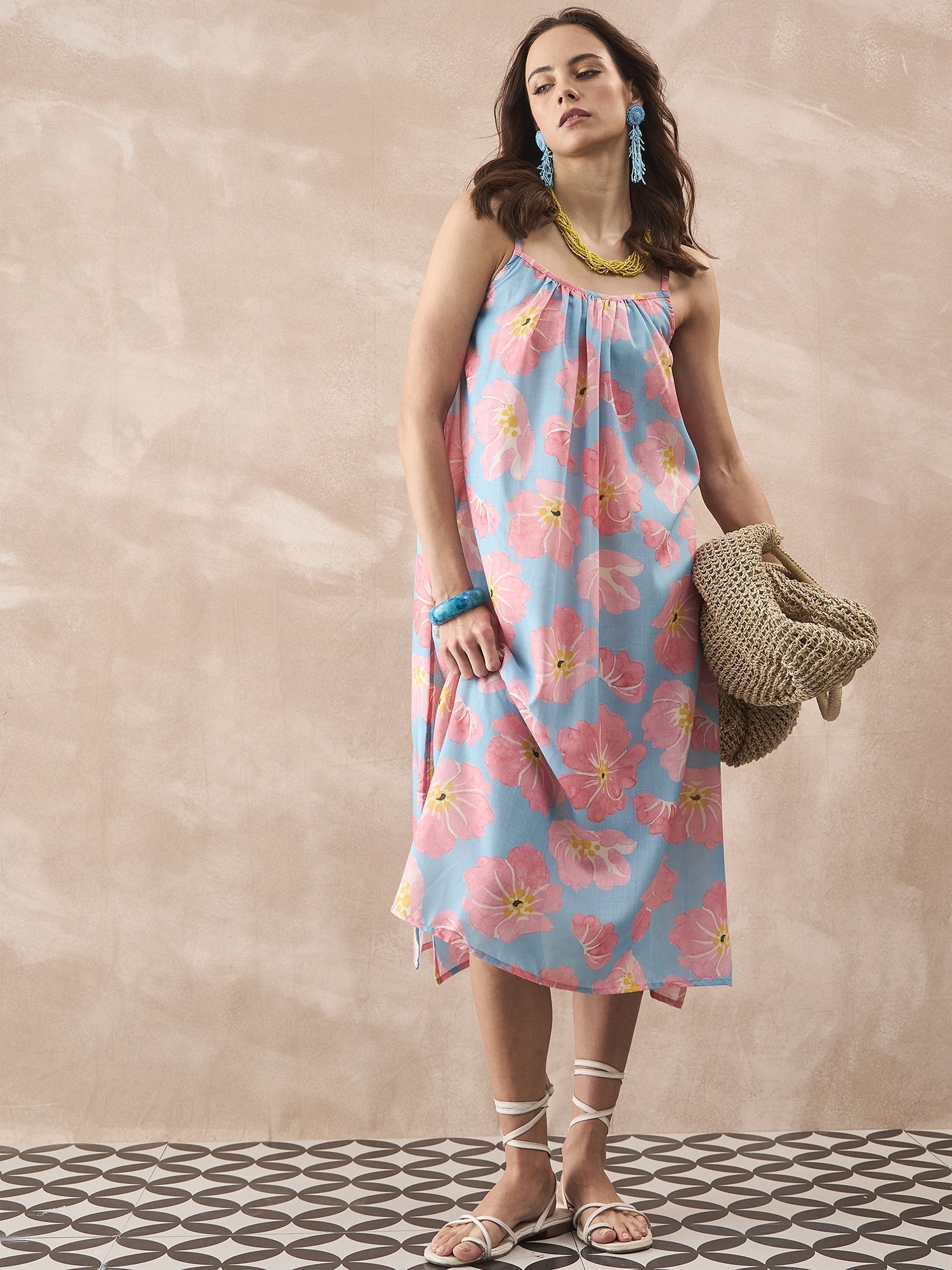 InWeave Skyblue Peach Strappy Dress - Swadesiicart