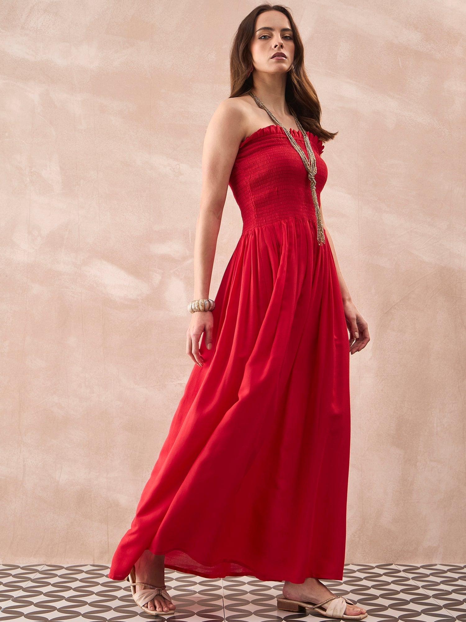 InWeave Red Solid Off Shoulder Dress - Swadesiicart
