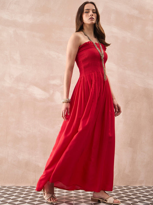 InWeave Red Solid Off Shoulder Dress - Swadesiicart