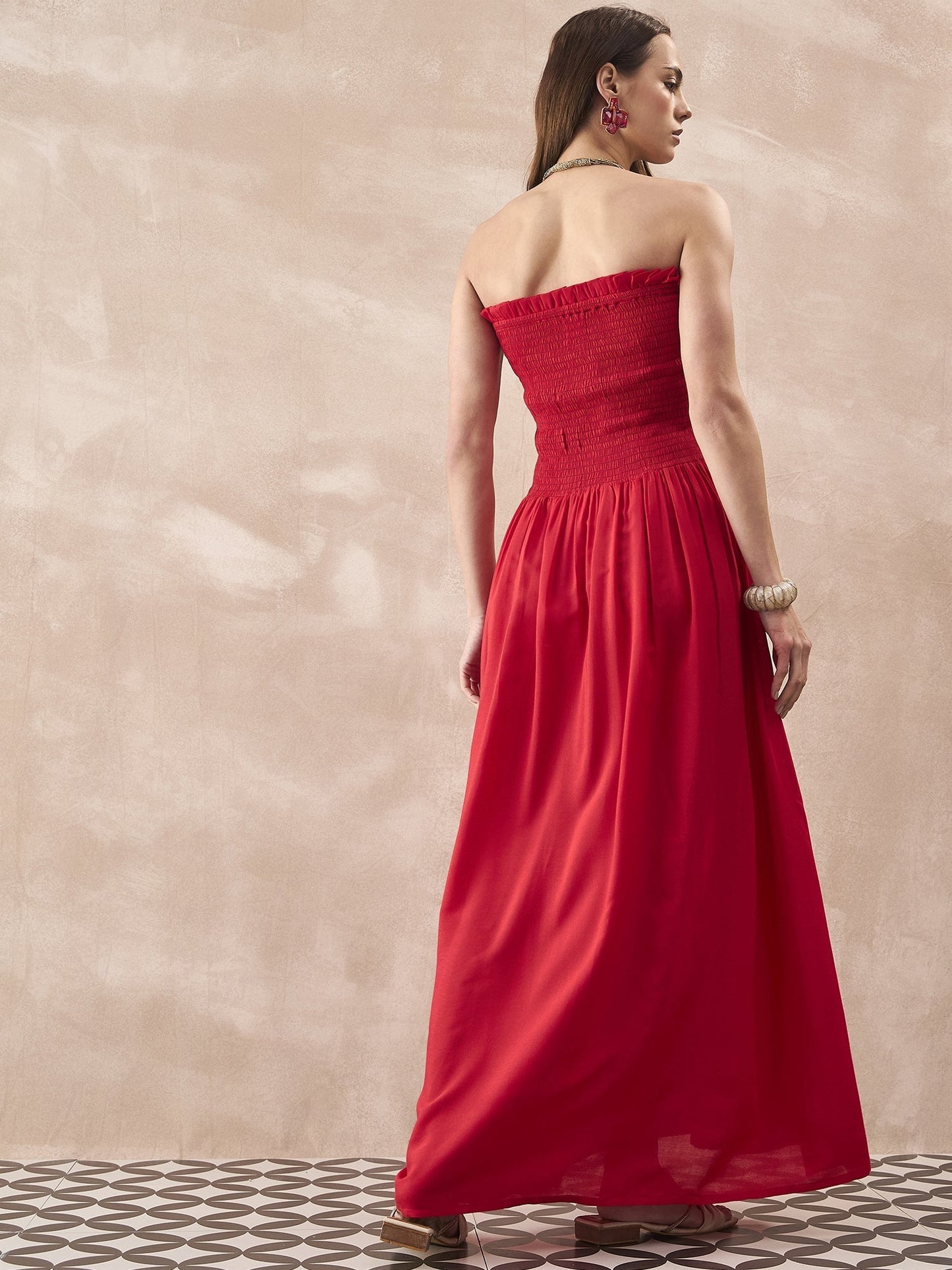 InWeave Red Solid Off Shoulder Dress - Swadesiicart